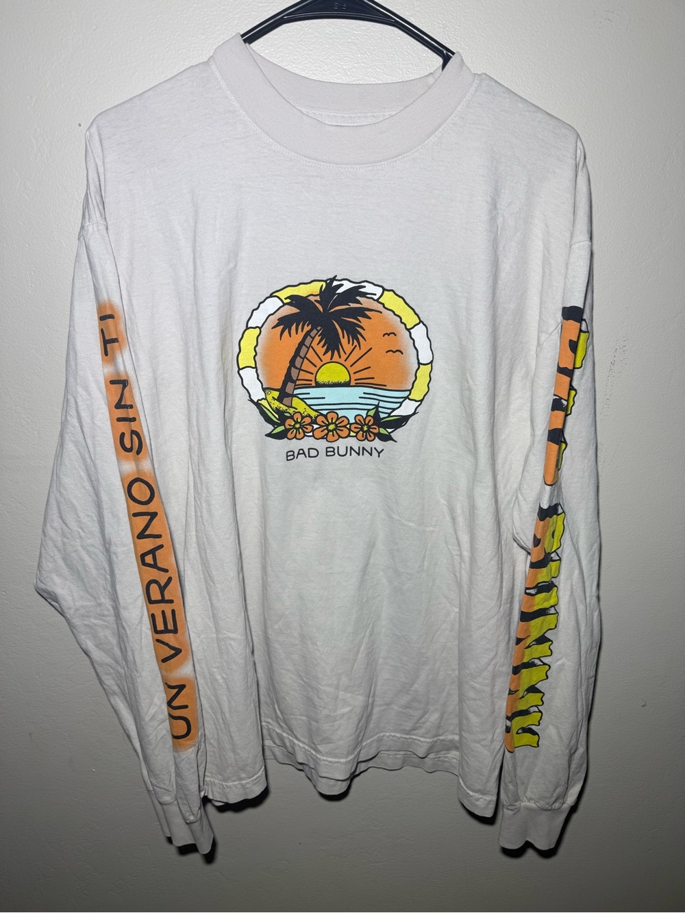2002 Bad Bunny White Long Sleeve Graphic Tee - Sunset Palm